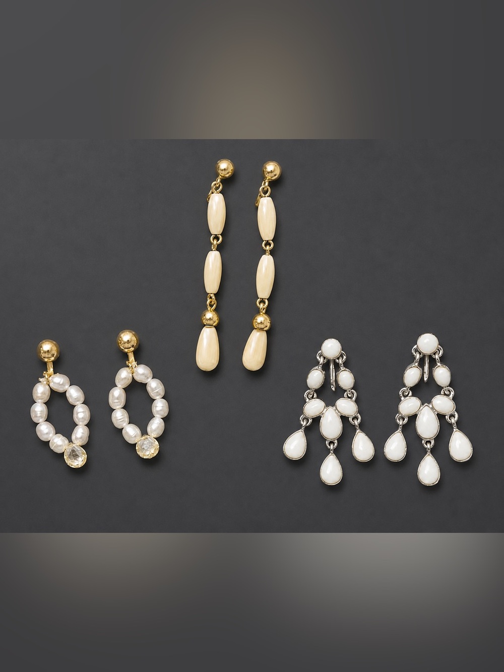 Set of 3 Vintage Cream & White Drop Dangle Clip Earrings - Women Jewelry